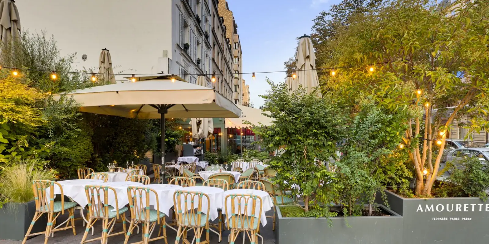 Amourette Passy terrace at night with string lights and lime trees